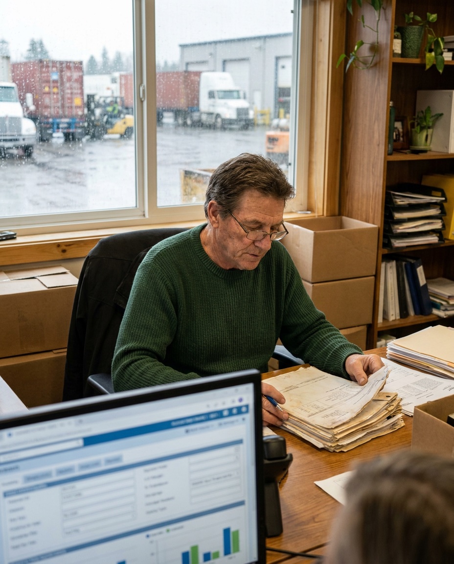 Illustrative logistics operator reviewing a shipment document packet